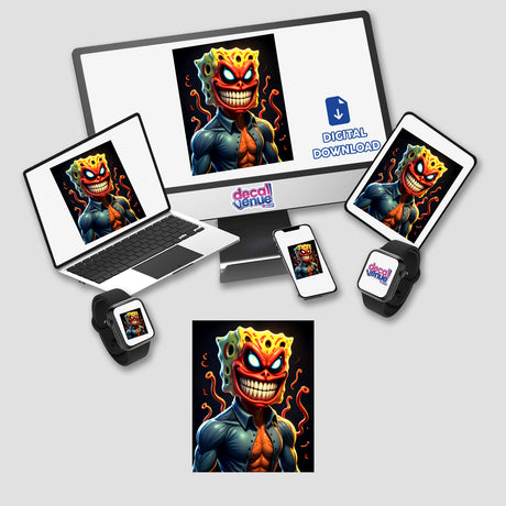 Alien Mutant Superhero Villain displayed on a laptop and various digital devices, showcasing its availability as stickers or digital artwork.