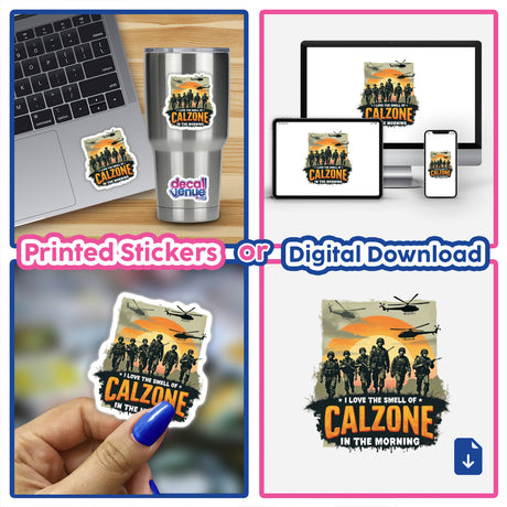 I Love the Smell of Calzone in the Morning sticker on a laptop, depicting a humorous movie line parody for National Calzone Day, available as a unique sticker or digital artwork.