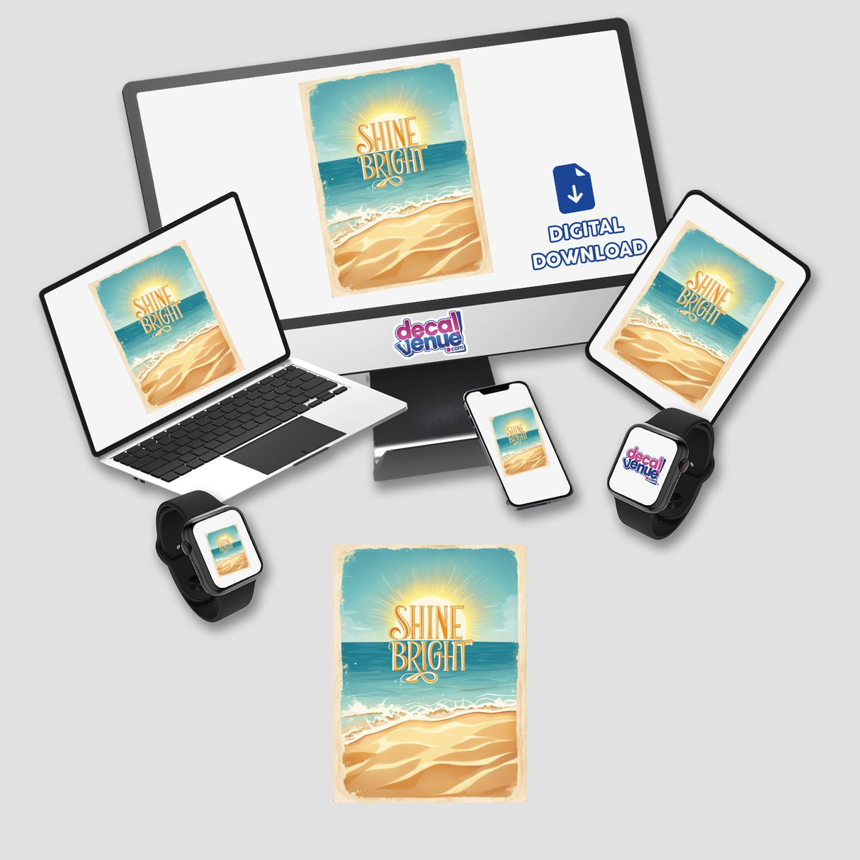 Sunlit Beach Scene with ‘Shine Bright’ Typography: digital artwork depicting a serene beach, available as stickers or digital downloads from Decal Venue, featuring computer and mobile displays.