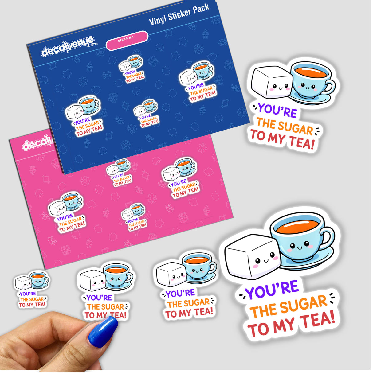 You're The Sugar To My Tea Funny Love Quote stickers featuring playful cartoons of a teacup and sugar cube, available as vinyl stickers or digital artwork from Decal Venue.