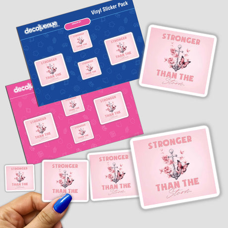 Hand holding Gold Breast Cancer Series 16 sticker pack featuring an anchor and butterflies designs.