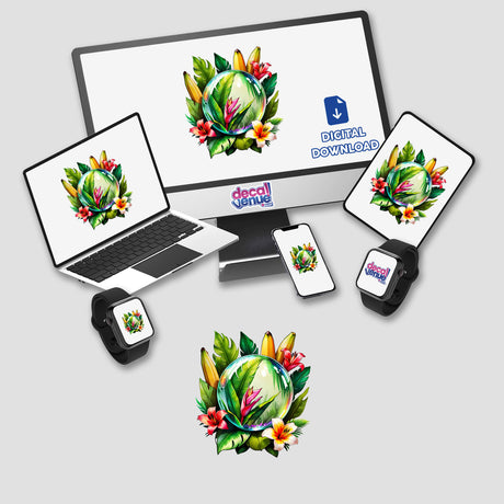 Crystal Ball Jungle Scene Sticker features a vibrant design of lush green plants and florals, displayed on a laptop and monitor, highlighting its detailed artwork available at Decal Venue.