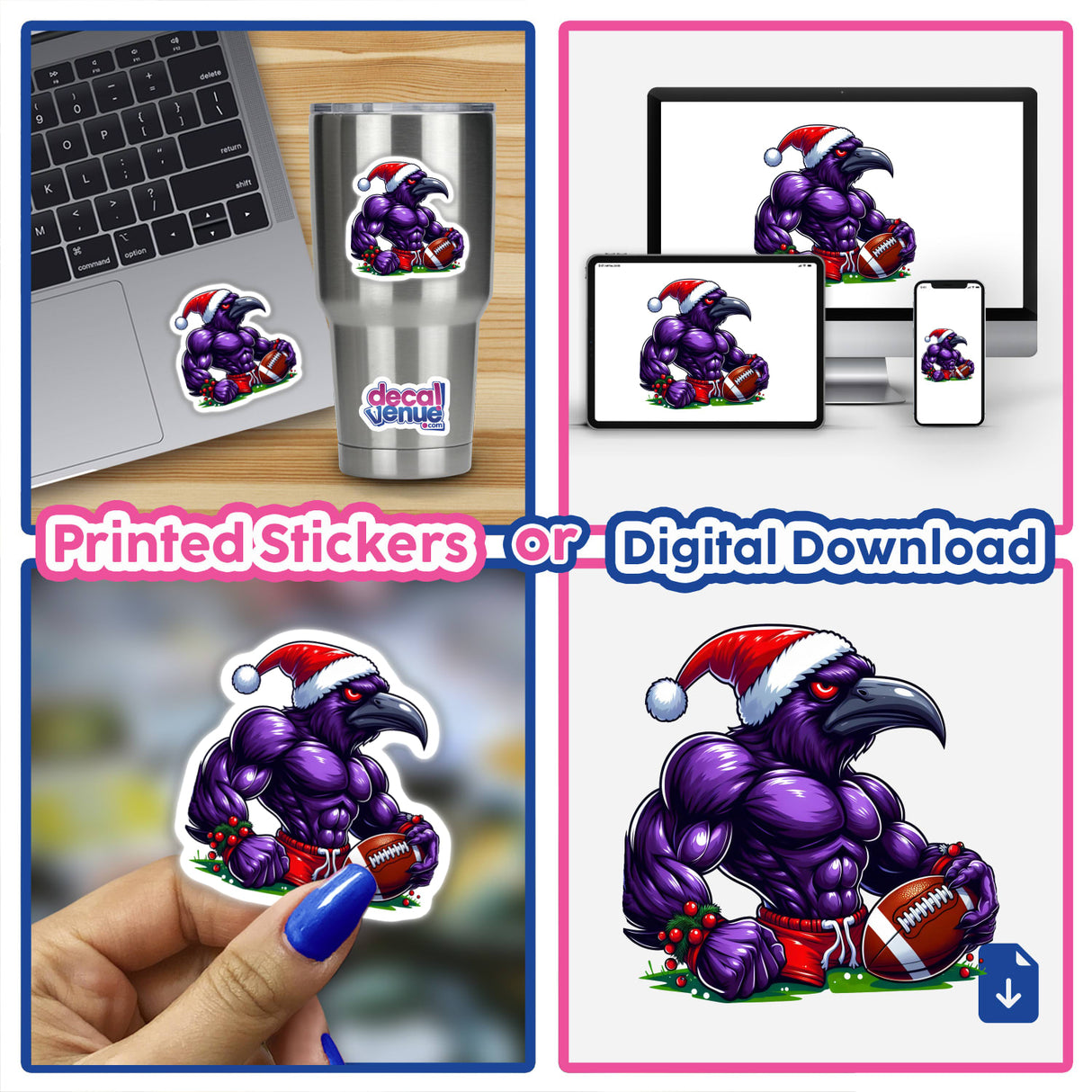 Muscular Purple Raven Bird in Santa Hat holding a football, available as stickers or digital artwork, depicted in various forms including a decal on a laptop and held in hand.