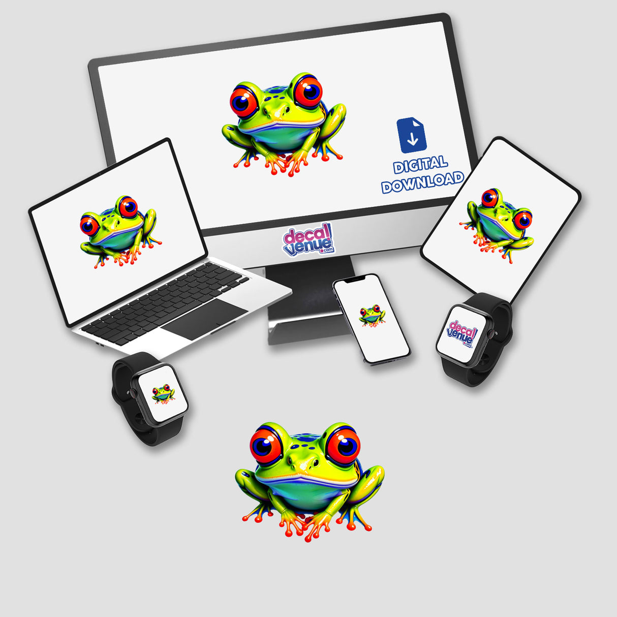 A Colorful Jungle Frog displayed on a computer monitor and laptop screen, showcasing its vibrant design. Available as stickers or digital artwork from Decal Venue, emphasizing unique and artistic presentation.