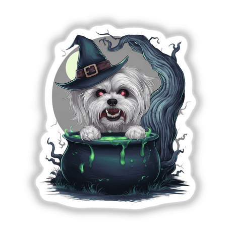 Scary Maltese Dog in Cauldron Halloween - Whimsical digital artwork of a Maltese dog wearing a witch's hat, peeking out from a bubbling cauldron against a spooky backdrop with swirling mist.