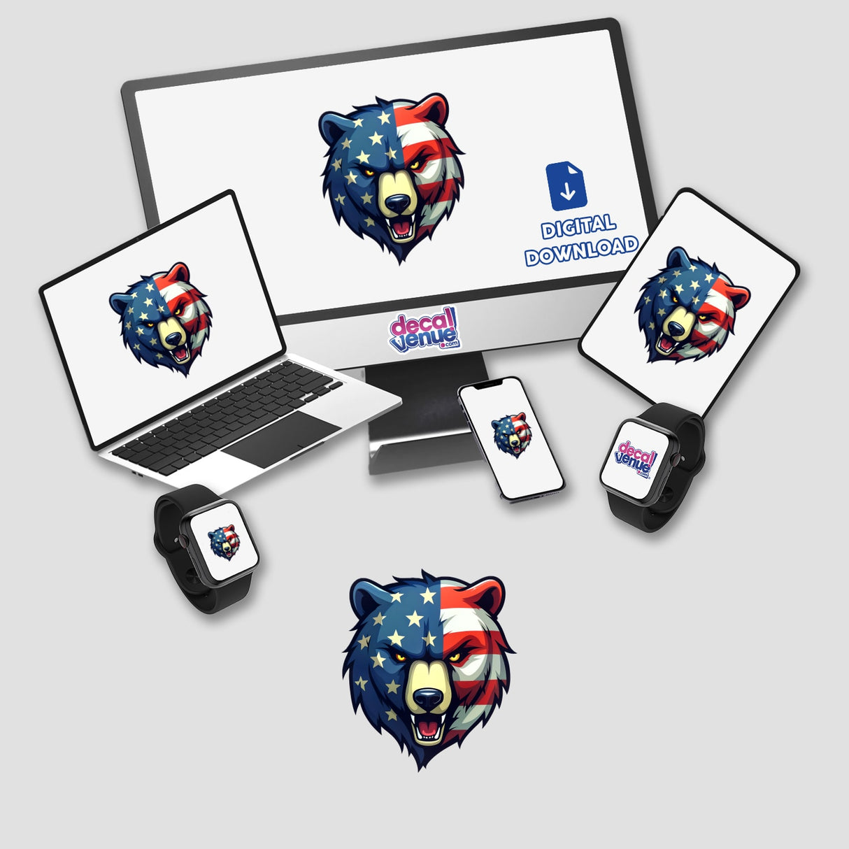 A Cool American Flag Bear design displayed on a computer monitor and laptop screen, available as stickers or digital artwork from Decal Venue, highlighting unique digital art and sticker offerings.