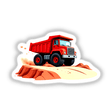 A Red Dump Truck with large wheels, depicted on a hill, available as stickers or digital artwork.