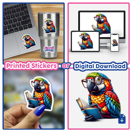 Parrot With Reading Glasses Open Book design on a laptop sticker, featuring a colorful parrot reading a book. Available as vinyl stickers or digital artwork from Decal Venue.