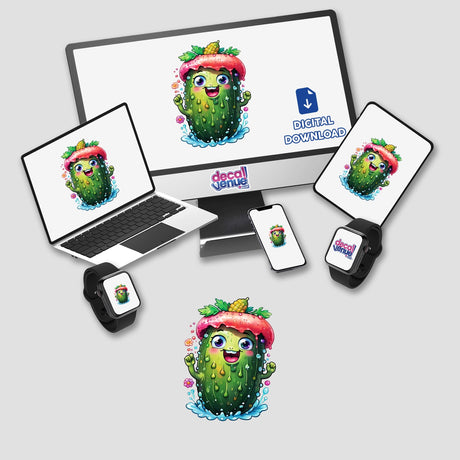 Smiling Pickle: Hilarious Sticker Design displayed on a computer monitor and laptop screen, featuring a cartoon cactus with a flower on top. Available as stickers or digital artwork.