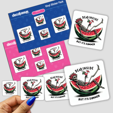 Hand holding a Sarcastic Quotes Series 10 sticker pack featuring various skeletons in humorous watermelon scenarios.