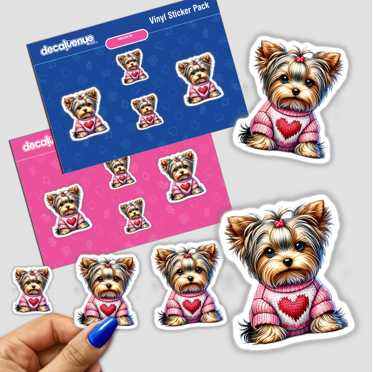 Yorkie Dog in Heart Sweater sticker featuring a cartoon dog wearing a cozy sweater, part of Decal Venue's unique vinyl stickers and digital art collection. Available as stickers or digital artwork.