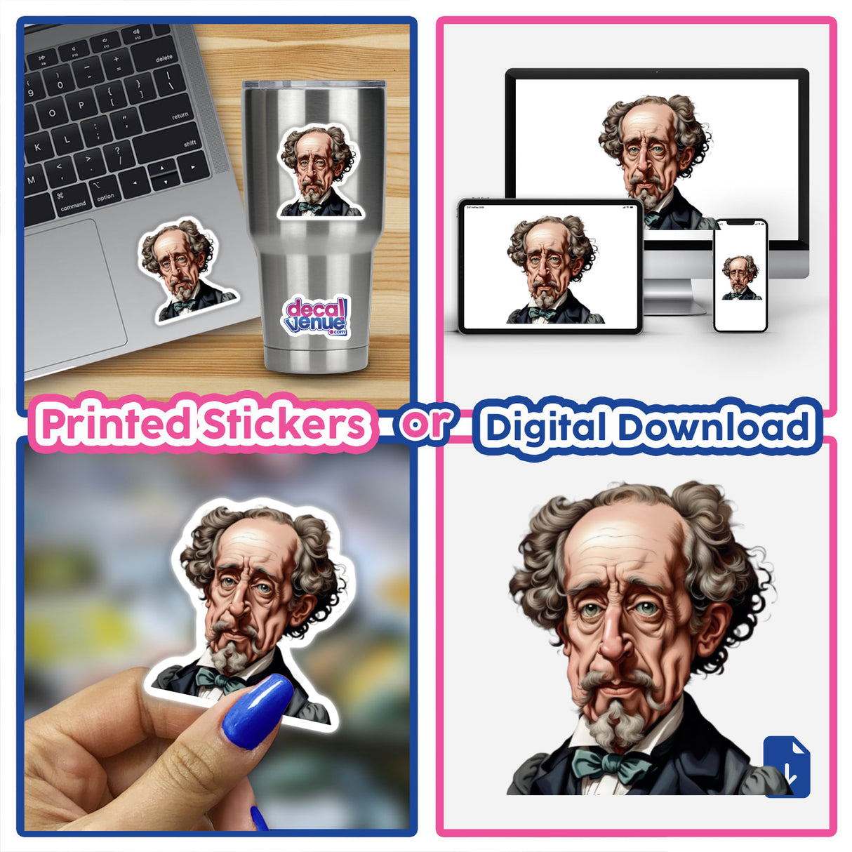 Charles Dickens Caricature Clipart sticker on a laptop, featuring a cartoon representation of the author with curly hair and glasses. Available as stickers or digital artwork for commercial use.