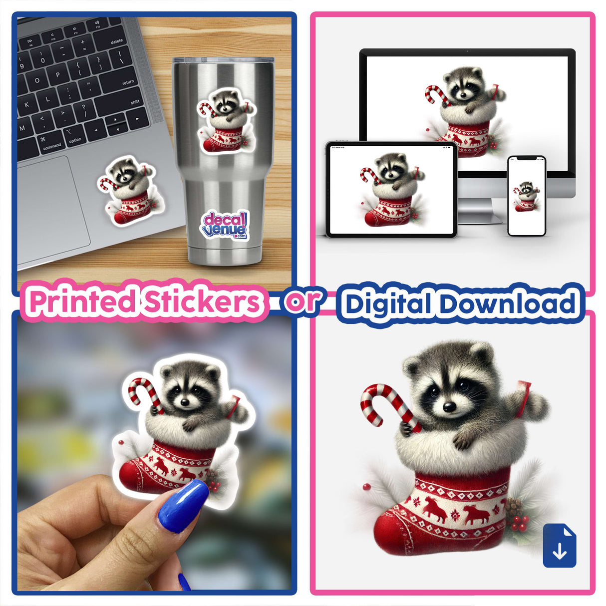 Raccoon Inside Christmas Stocking Holding a Candy Cane sticker collage, featuring multiple placements like a cup, keyboard, and standalone stickers. Available as stickers or digital artwork.