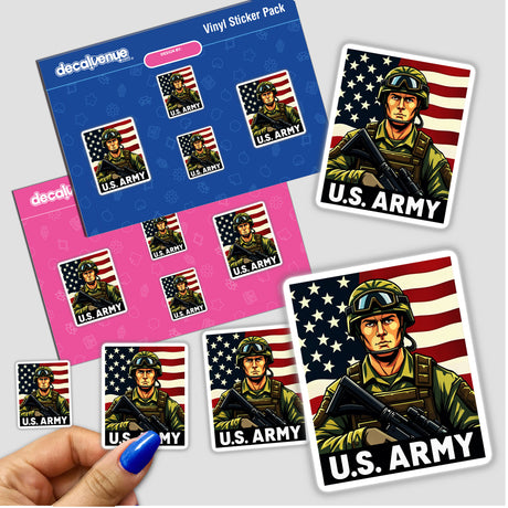 U.S. Army - American Soldier With Flag sticker featuring a military man holding a gun, set against an American flag backdrop. Available as vinyl stickers or digital artwork.