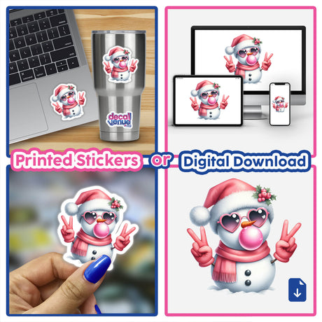 Cool Pink Christmas Snowman Blowing Bubble sticker collage, featuring a snowman in sunglasses and a hat, designed for laptops. Available as stickers or digital artwork from Decal Venue.