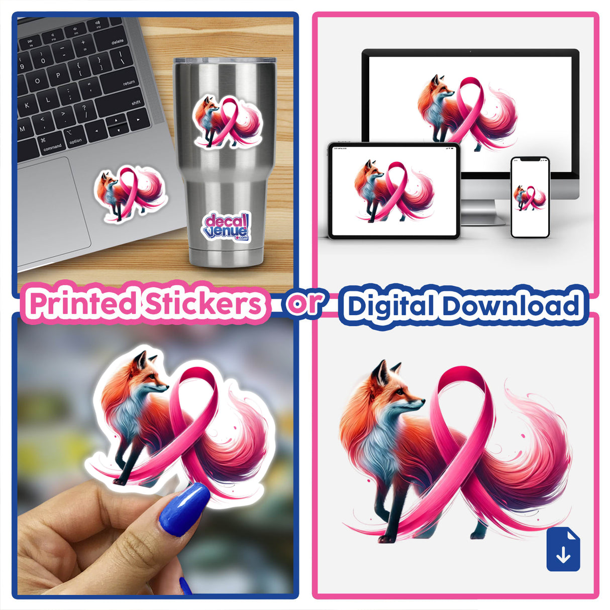 Fox Pink Ribbon Breast Cancer sticker collage, featuring a fox with a pink ribbon, suitable as stickers or digital artwork, highlighting breast cancer awareness and support.