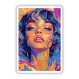 Beautiful woman depicted in a vibrant modern art style, available as stickers or digital artwork, showcasing her striking features with colorful hair and expressive eyes.