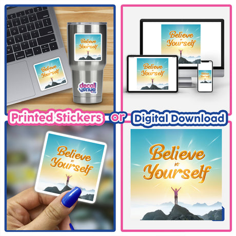 Believe in Yourself Sticker - Motivational Clipart for Personal Growth, featuring a collage of inspiring images including a laptop, mountain climber, and uplifting messages. Ideal for laptops and personal spaces.