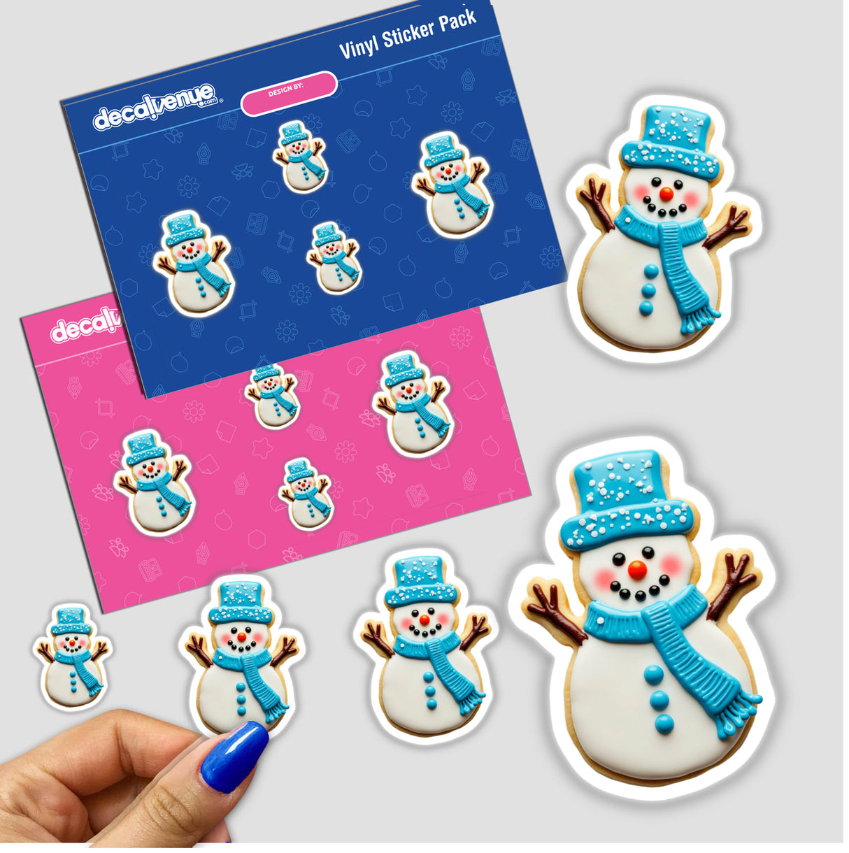 Cute Frosty the Snowman Festive Christmas Cookie sticker pack, featuring adorable snowman designs with blue and white frosting details. Perfect for holiday decorations or digital artwork.