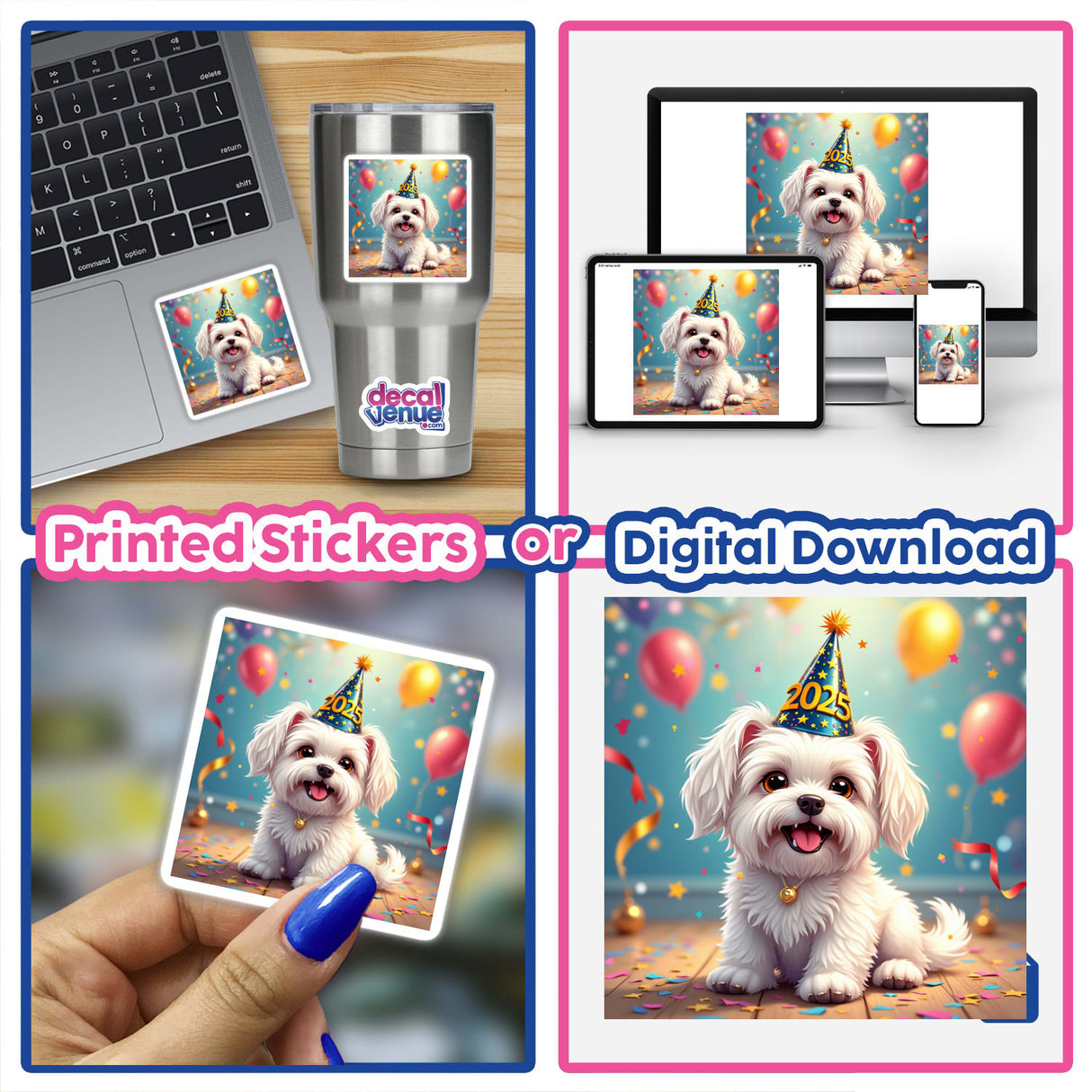 New Year’s Maltese Sticker & Clipart featuring a white dog in a party hat, perfect for commercial use. The image showcases the design on a laptop and a silver mug.