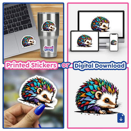 Colorful digital artwork of a cute hedgehog displayed on various devices and products from Decal Venue, an online store offering unique stickers and digital art.