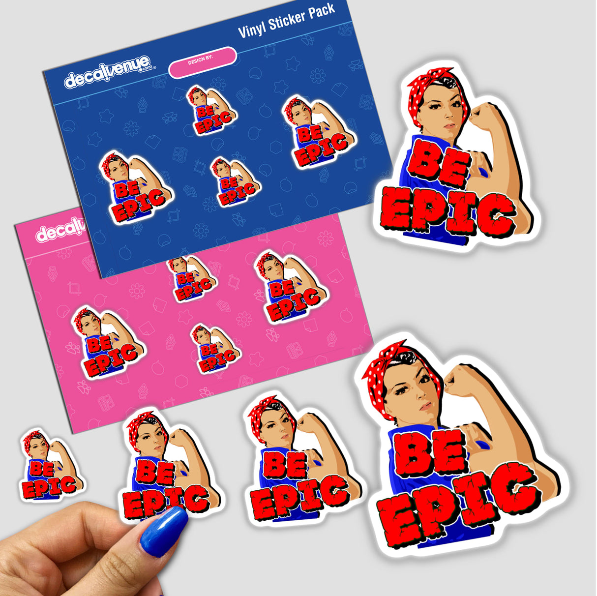 Be Epic sticker featuring a cartoon woman with a bandana flexing her arm, available as a sticker or digital artwork, capturing the unique charm of Decal Venue's collection.