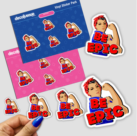 Be Epic sticker featuring a cartoon woman with a bandana flexing her arm, available as a sticker or digital artwork, capturing the unique charm of Decal Venue's collection.