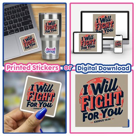 Inspirational Christian sticker collage featuring I Will Fight For You with Bible verse Exodus 14:14, shown on various surfaces like a laptop and cup, highlighting versatile decor options.