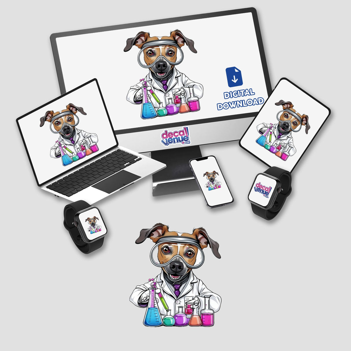 Scientist Dog with Test Tubes and Lab Coat depicted on a laptop screen, showcasing a dog in glasses and lab attire, available as stickers or digital artwork from Decal Venue.