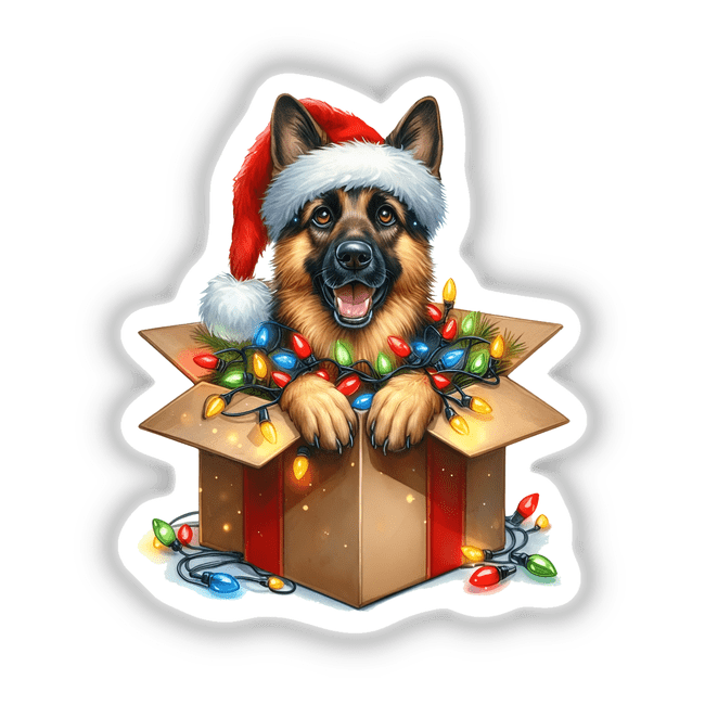 Christmas Lights Santa German Shepherd Dog in Gift Box, featuring a cute German Shepherd wearing a Santa hat and surrounded by festive lights, available as stickers or digital artwork.