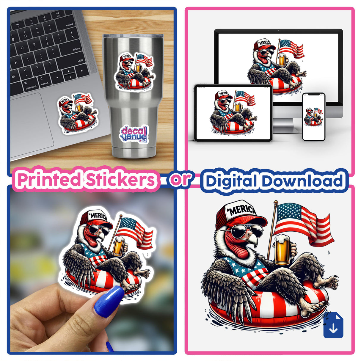 Patriotic California Condor Sticker - American Flag-Themed Digital Artwork by DecalVenue, Available as Printed Stickers or Digital Download