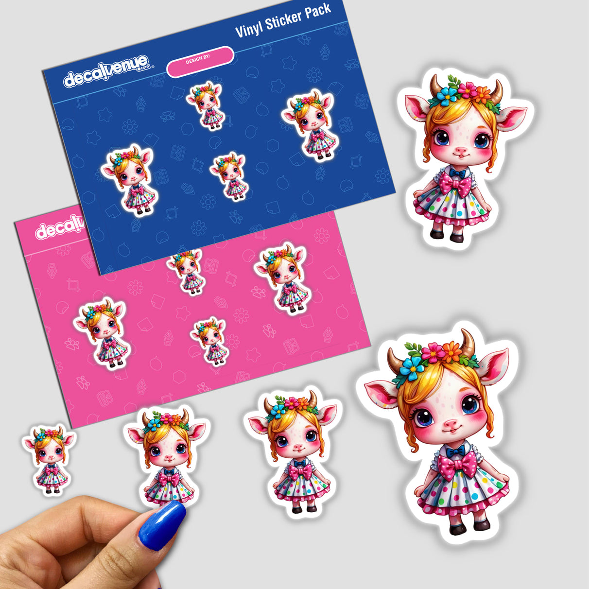 Hand holding a sticker pack featuring Chibi Cow Cutie in a pink polka dot dress, adorned with flowers in her hair, along with other cute cartoon animals.