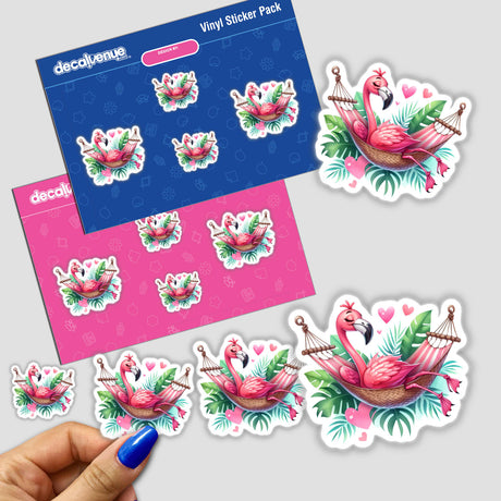 Flamingo Bird Lounging in Hammock sticker pack featuring whimsical flamingo designs, showcasing a pink flamingo relaxing in a hammock. Available as stickers or digital artwork from Decal Venue.