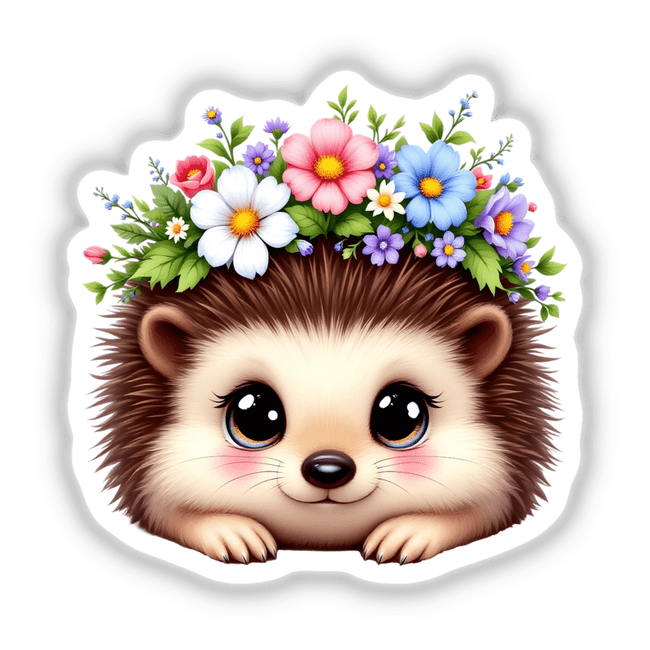 Sweet Hedgehog with a Flower Crown: A cartoon hedgehog adorned with a floral crown, available as stickers or digital artwork, capturing a whimsical and charming essence.