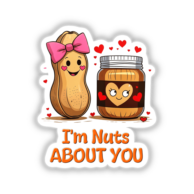 Cartoon peanut and peanut butter jar with a heart, titled I'm Nuts About You, available as stickers or digital artwork from Decal Venue.