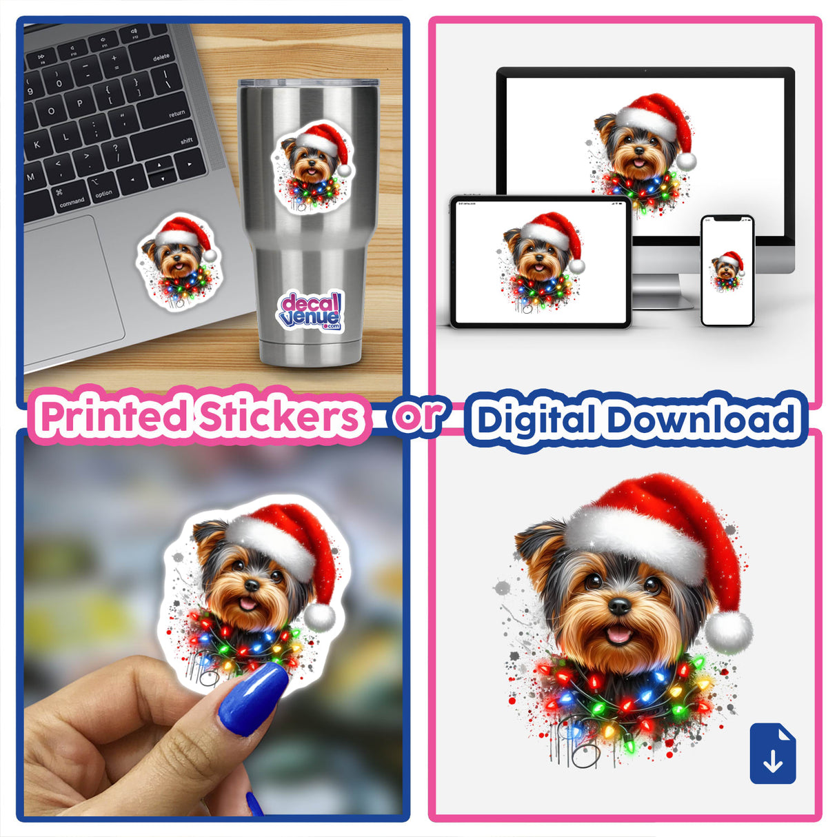 Christmas Yorkie Dog sticker featuring a cartoon Yorkie adorned with a Santa hat and Christmas lights, available as a sticker or digital artwork from Decal Venue.