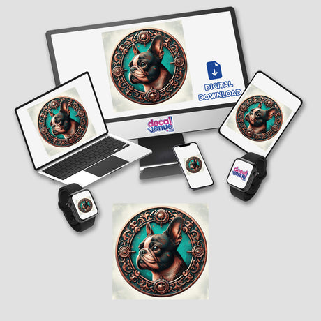 Detailed digital artwork of a Boston Terrier dog surrounded by a decorative floral border, displayed on various electronic devices including a laptop, smartphone, and smartwatch against a white background.