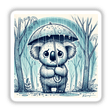 Grumpy Koala in the Rain: A cartoon koala holding an umbrella, looking displeased, available as stickers or digital artwork from Decal Venue.