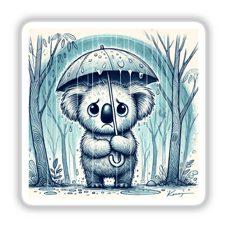 Grumpy Koala in the Rain: A cartoon koala holding an umbrella, looking displeased, available as stickers or digital artwork from Decal Venue.