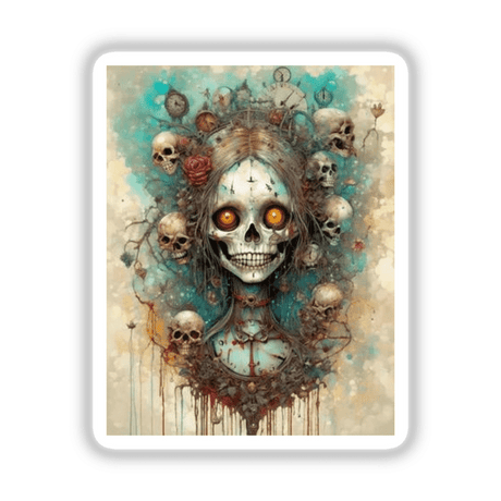 A painting titled Beautiful Bones featuring a woman surrounded by skulls, available as stickers or digital artwork.