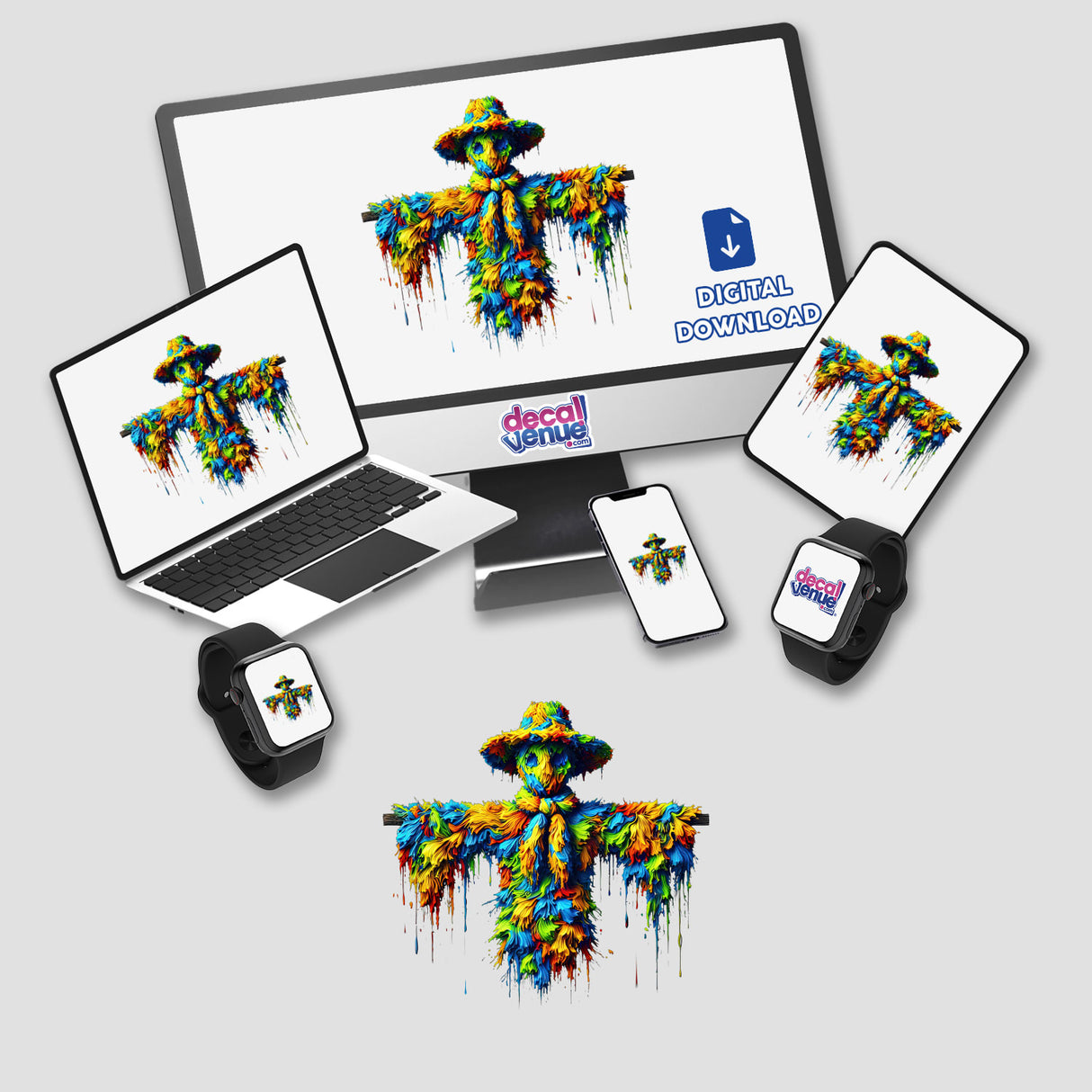 Trippy Scarecrow with Melting Colors – Vibrant Abstract Design displayed on a computer monitor and laptop, showcasing the unique sticker and digital artwork available from Decal Venue.