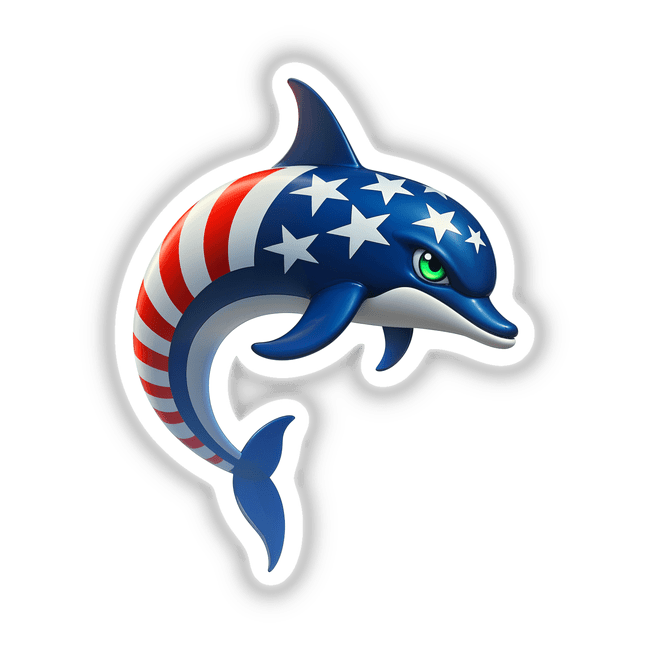 A Cool American Flag Dolphin: a cartoon dolphin with stars and stripes, available as stickers or digital artwork, showcasing patriotic themes in a playful design from Decal Venue.