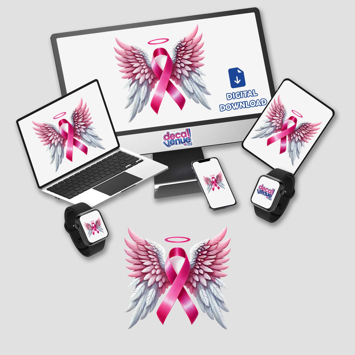 Pink Ribbon and Wings Breast Cancer Awareness design displayed on various devices, including a computer monitor, laptop, tablet, smartphone, and smartwatch. Available as stickers or digital artwork.