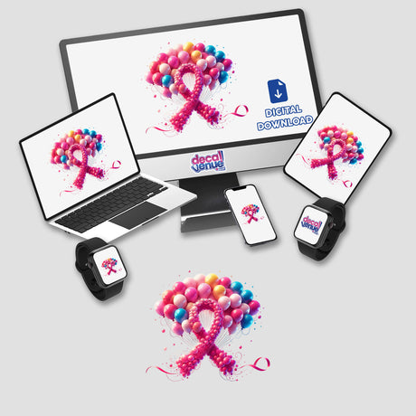 Balloons Pink Ribbon Breast Cancer displayed on a computer monitor and laptop screen. Available as Stickers or Digital Artwork.