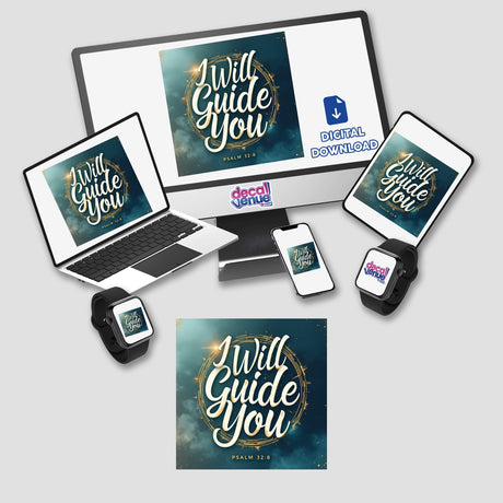 Christian Sticker featuring I Will Guide You - Psalm 32:8, displaying a computer monitor and smart watches, ideal for direction and guidance, available as stickers or digital artwork.