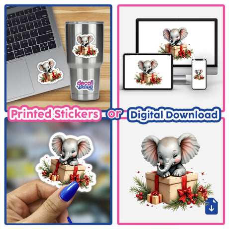 Baby Elephant in Christmas Present Box design features a cute cartoon elephant sitting atop a gift box, available as stickers or digital art, perfect for holiday decorations or DIY projects.