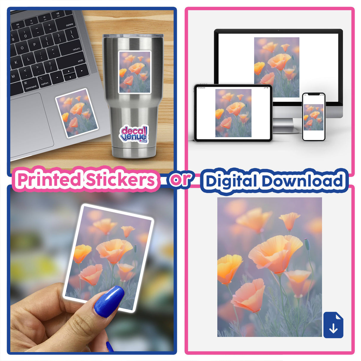 Dreamy Pastel California Poppies in Gentle Bloom depicted as a vibrant collage featuring a laptop and phone, available as vinyl stickers or digital artwork.