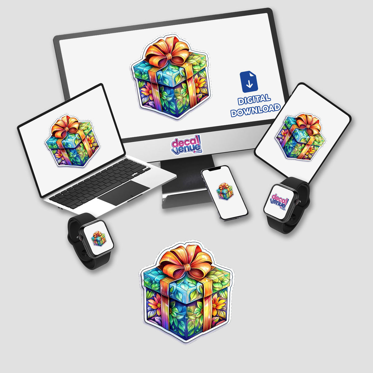 Colorful floral birthday gift box digital artwork displayed on various devices and products including laptop, smartphone, and watch. The image showcases the vibrant and festive design, highlighting its suitability for birthday-themed digital products and downloads available at Decal Venue store.