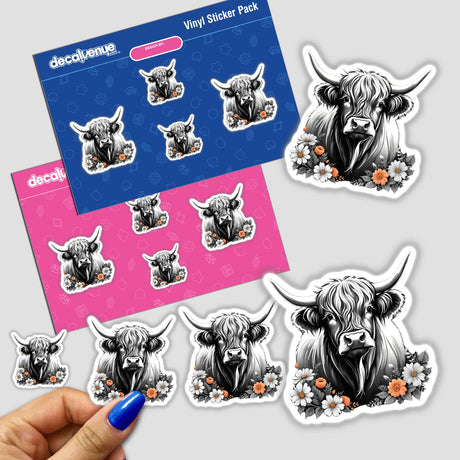 Highland Cow Floral Accents PA03 stickers featuring whimsical cows adorned with flowers, available at Decal Venue.