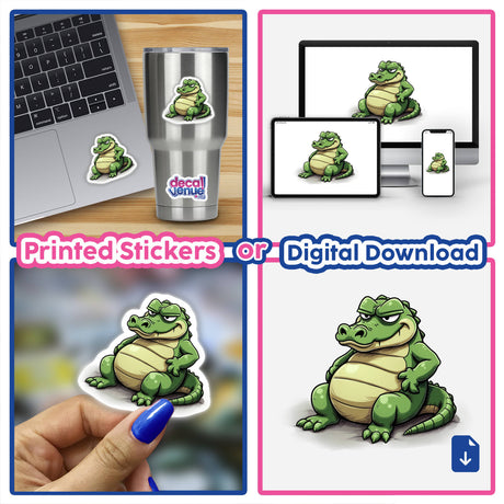 Grumpy Sitting Cartoon Crocodile featured in a collage, available as stickers or digital artwork, depicting a cartoon crocodile in various poses and on products like laptops and cups.